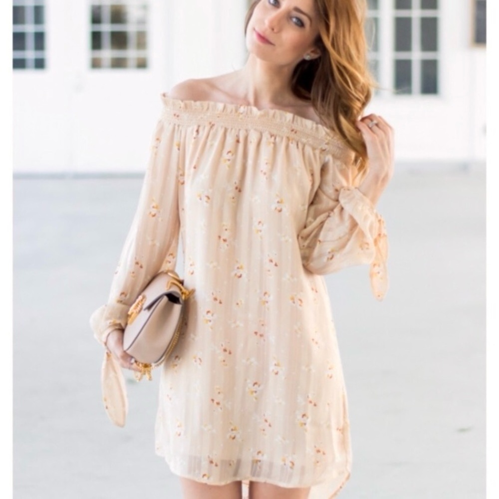 Revolve x Wayf Off Shoulder Long Sleeve Floral Dress Size Small‎ Pink Bouquet